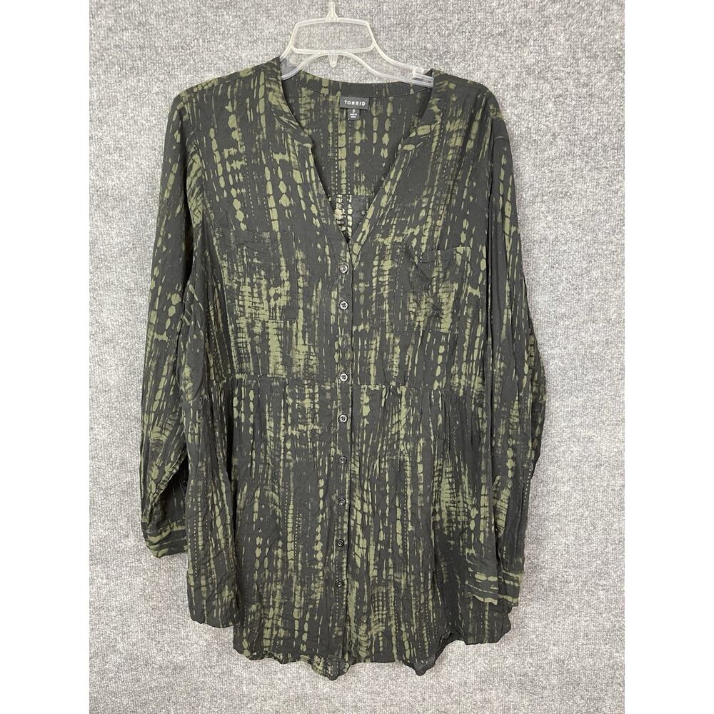 Torrid Blouse Women's 3X Black/Green Long Sleeve Boho Langon Look Relaxed V-Neck